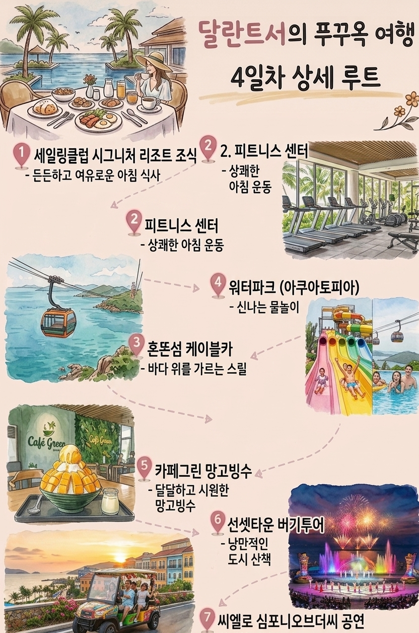 군입대전 아들하고 푸꾸옥 다녀왔어요 4일차 세일링클럽 리조트 피트니센터 ,조식 ,혼똔섬 케이블카 워터파크,그린카페 망고빙수,버기투어, 씨엘로에서 바라본 심포니공연 최고에요