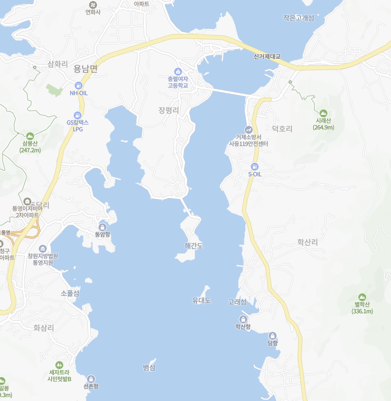 통영(좌)과 거제(우) 사이에 끼인 버선 모양의 섬, 해간도