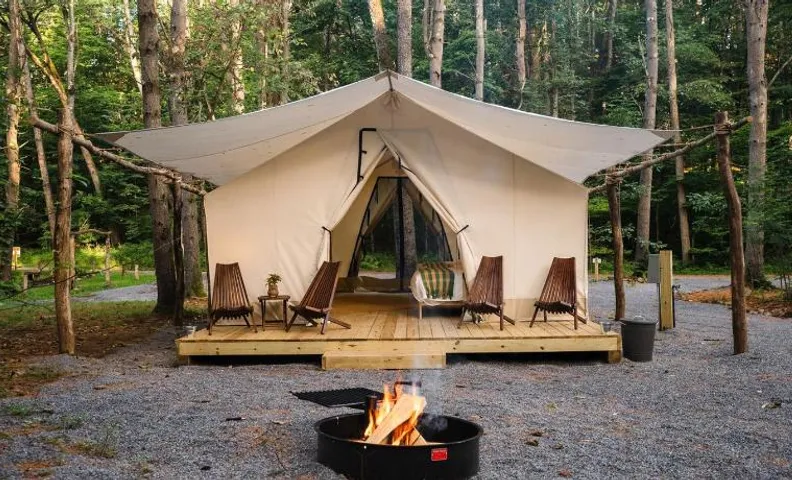 Luxury Group Safari Tent Complete with Firepit and Patio, Perfect for a Weekend Escape to the Adiron